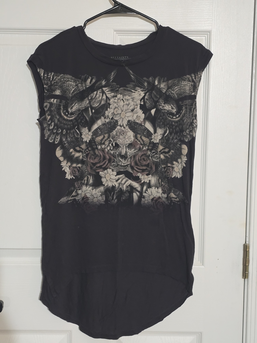 All Saints Black Floral & Skull Graphic Tank